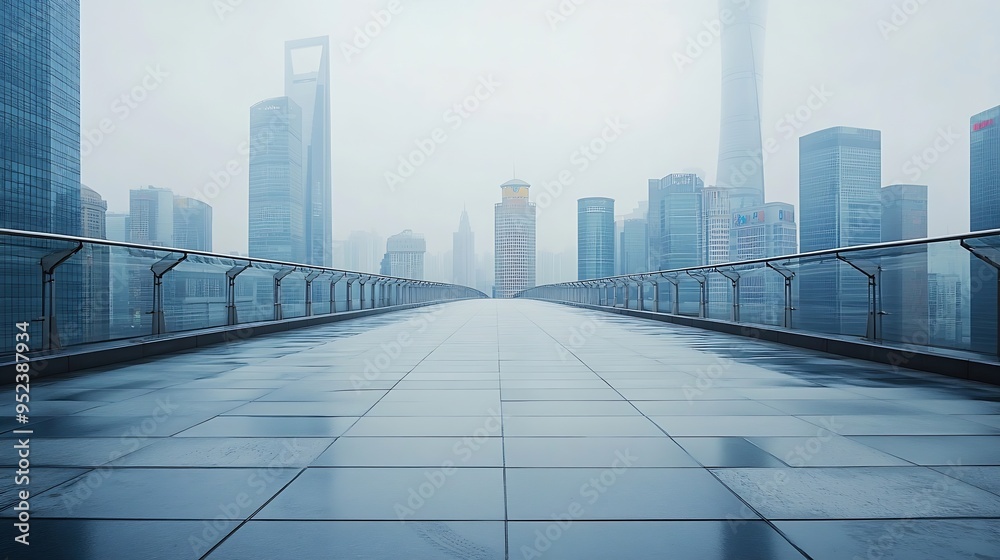 Empty square floor and pedestrian bridge with modern city buildings in Shanghai : Generative AI Empty square floor and pedestrian bridge with modern city buildings in Shanghai : Generative AI