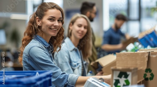 Office workers organizing recycling stations