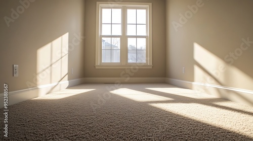 a empty bedroom with carpet and a window and bright walls great for virtual staging interior design : Generative AI photo