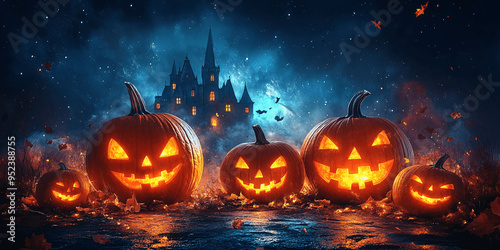 Scary Halloween background with pumpkins and old castle, Generative AI.