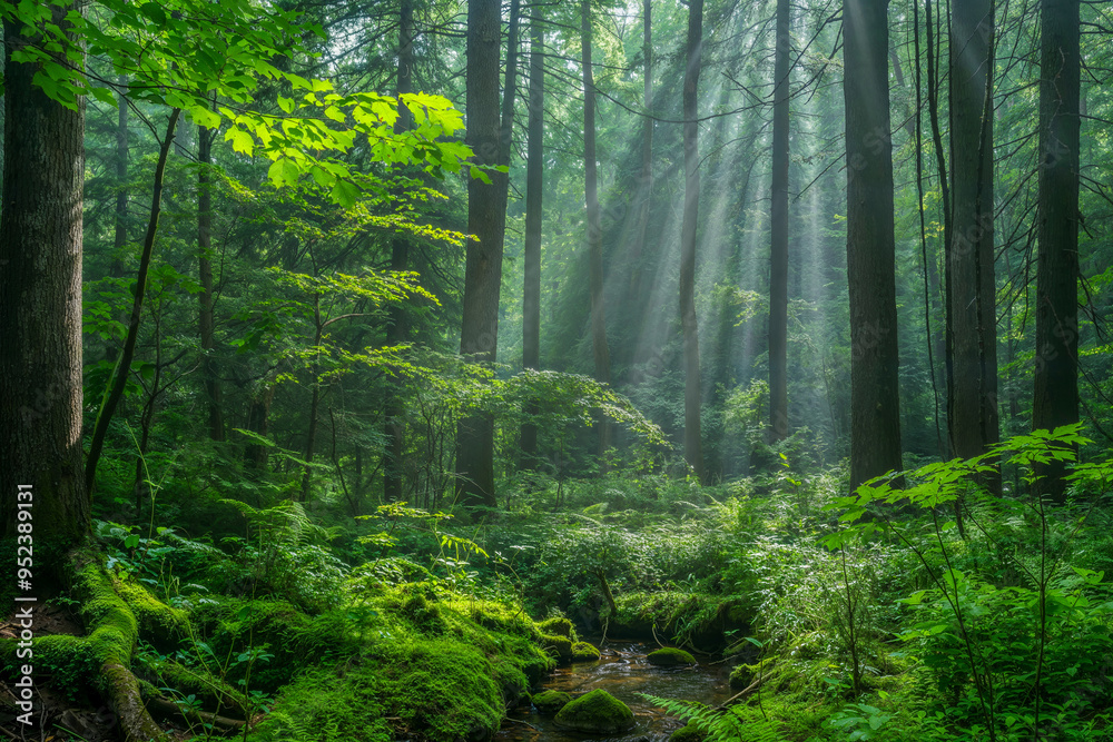 Obraz premium Verdant Forest with Moss and Soft Sunlight