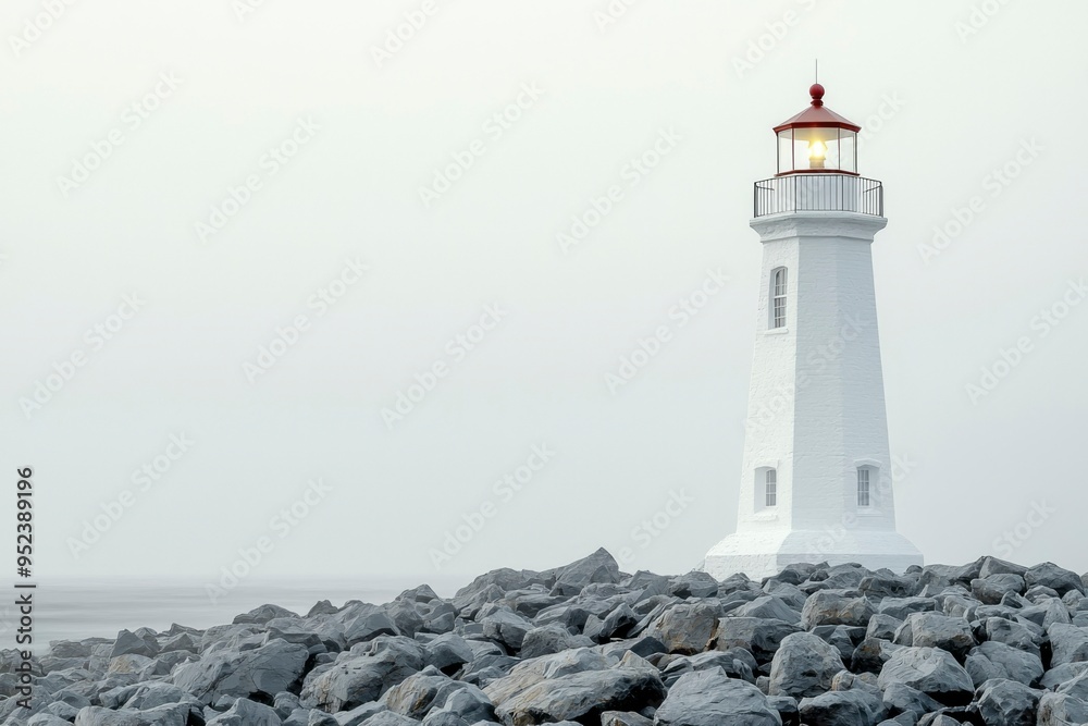 A White Lighthouse on a Rocky Shore in Fog A White Lighthouse on a Rocky Shore in Fog