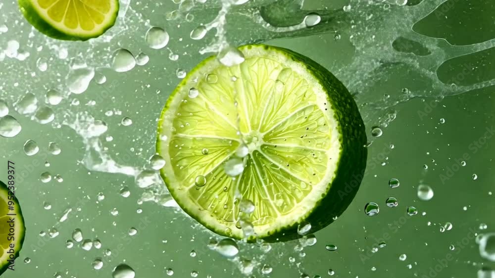 A lime is shown in the air with water droplets surrounding it. The lime is cut in half and is surrounded by water