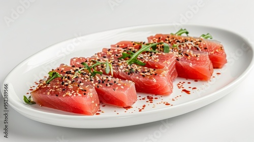 Artfully arranged thinly sliced tuna with sesame seeds on a pristine white plate for fresh elegance