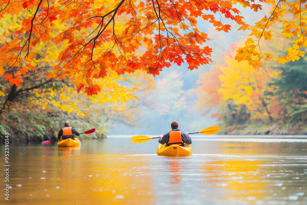 A kayaker enjoys a peaceful journey on calm waters, surrounded by vibrant fall leaves. A kayaker enjoys a peaceful journey on calm waters, surrounded by vibrant fall leaves.