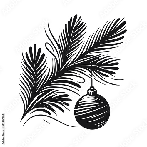 New Year and Christmas art, a black and white silhouette of fir branch with New Year’s ball, minimalist stroke lines, minimalist art style, transparent background