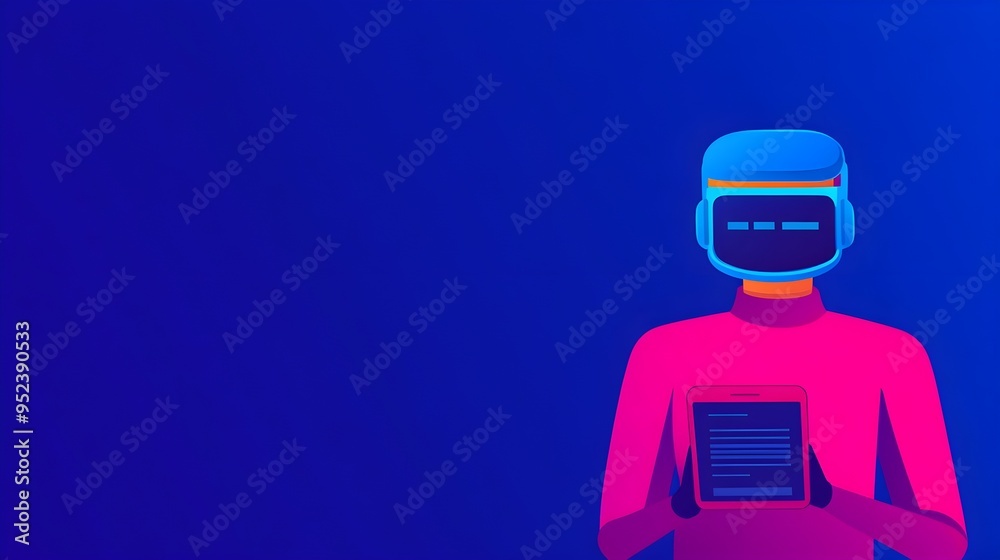 Futuristic Robot Holding Tablet, Blue Background Futuristic Robot Holding Tablet, Blue Background