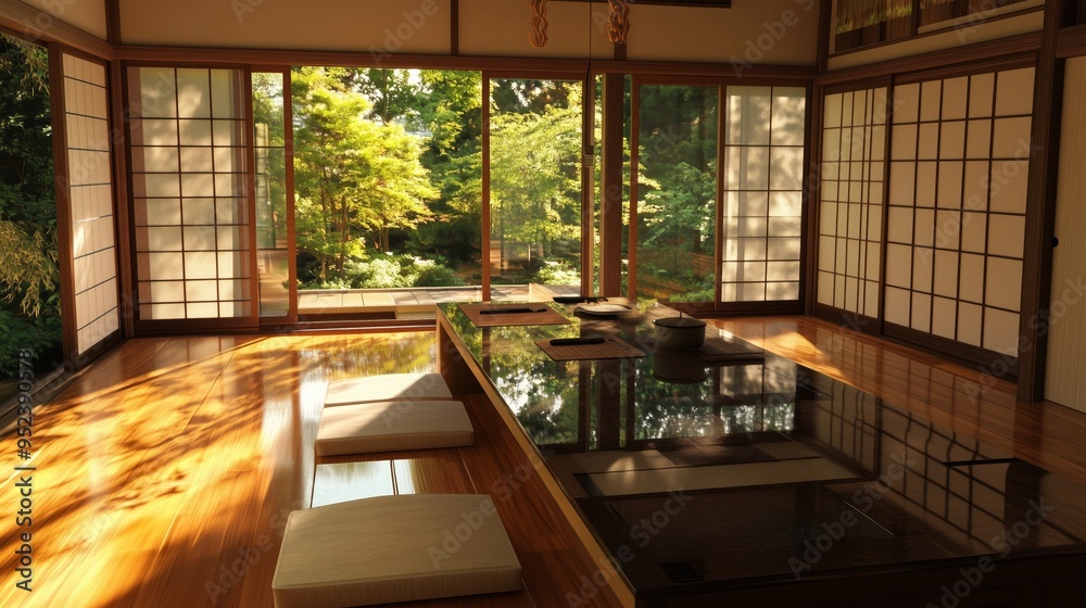 The room has a Japanese theme with a lot of natural light coming in through the windows The room has a Japanese theme with a lot of natural light coming in through the windows