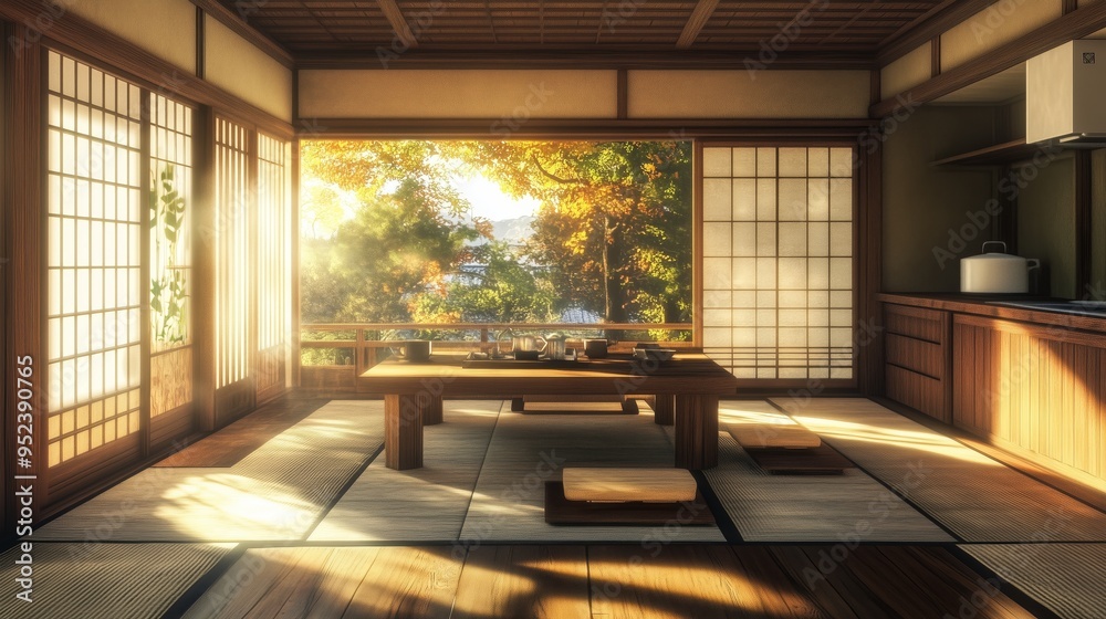 The room has a Japanese theme with a lot of natural light coming in through the windows The room has a Japanese theme with a lot of natural light coming in through the windows