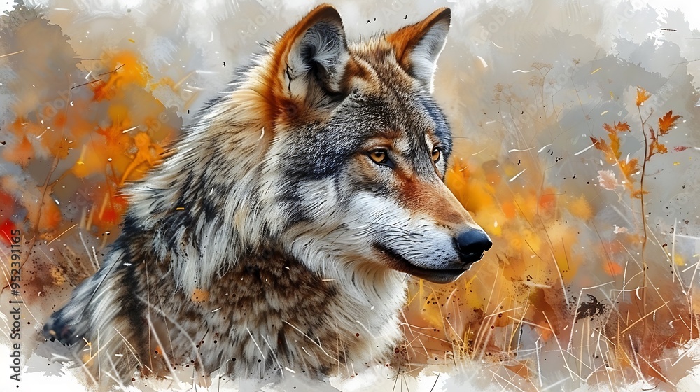 Obraz premium A wolf with sharp eyes looks off to the side against a blurred autumn background.