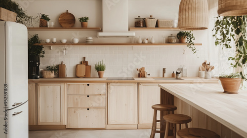 A kitchen Scandinavian style with light wood accents. The room has a cozy.