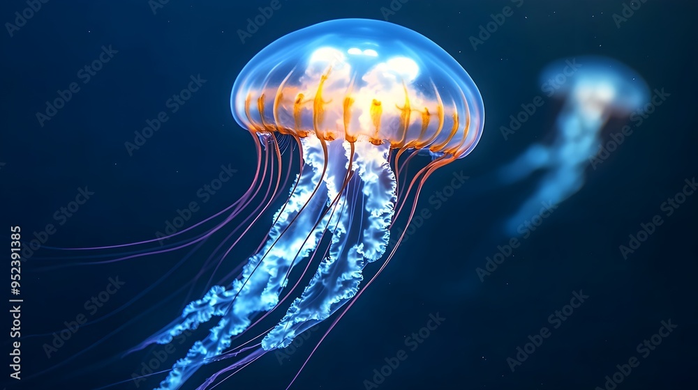 Glowing Jellyfish Underwater, Deep Blue Ocean Glowing Jellyfish Underwater, Deep Blue Ocean