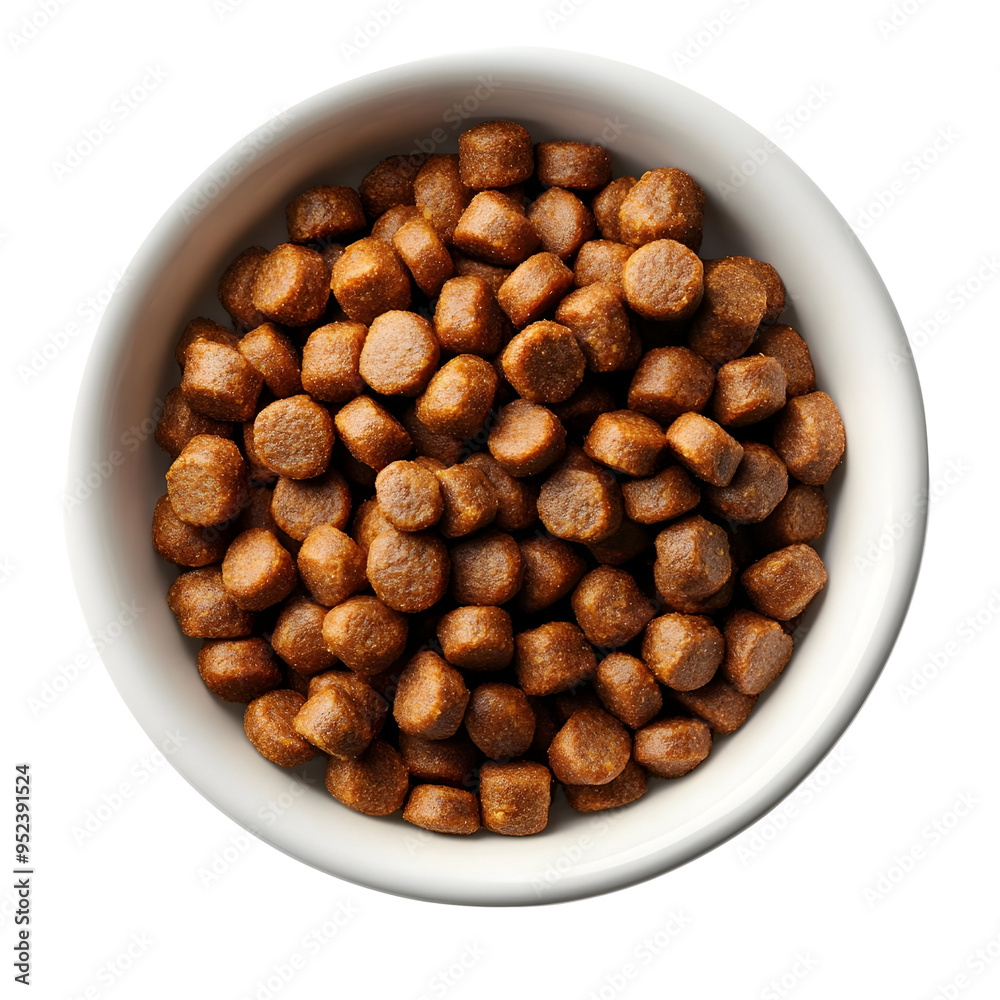 A close-up view of dry dog food in a white bowl, showcasing the kibble's texture and color.
