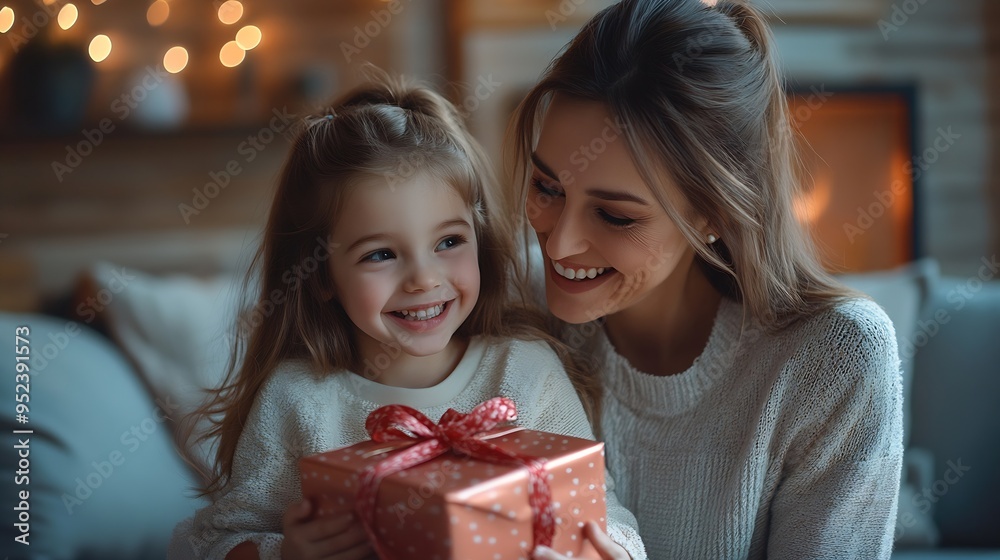 Happy family celebrating Mothers Day Cheerful little girl gives a gift to her delighted mother Both sitting on the sofa in their home : Generative AI Happy family celebrating Mothers Day Cheerful little girl gives a gift to her delighted mother Both sitting on the sofa in their home : Generative AI