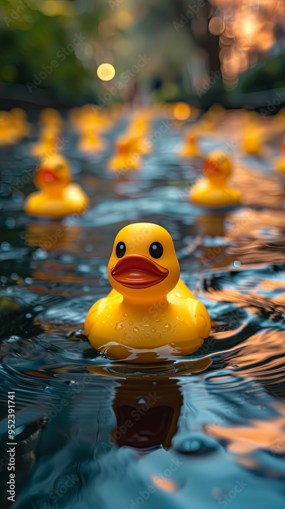 Yellow rubber duck in a row representing teamwork and cooperation in a community setting