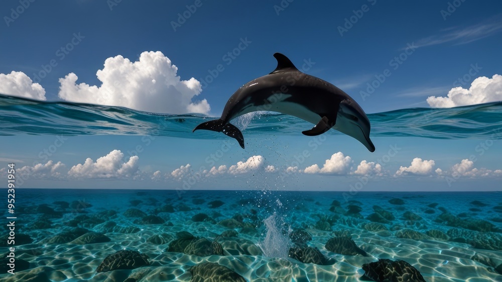 Dolphins gracefully leaping out of the ocean, their bodies silhouetted against a breathtaking sky filled with fluffy clouds Dolphins gracefully leaping out of the ocean, their bodies silhouetted against a breathtaking sky filled with fluffy clouds