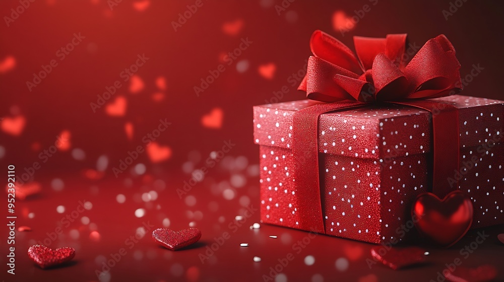 Obraz premium Valentines day gift Banner design with present box and hearts on red background : Generative AI