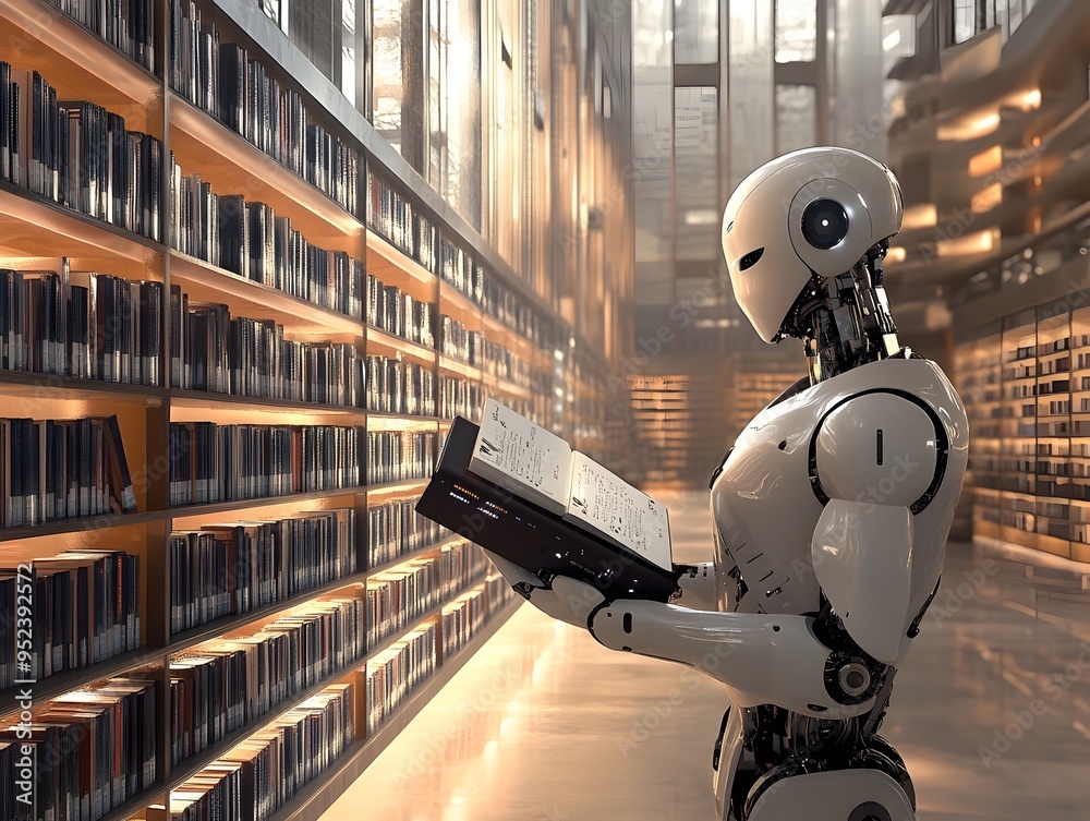 Fototapeta premium Futuristic Robot Librarian Retrieving Book from Shelves in Vast Digital Repository