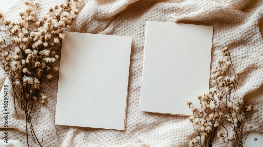 Two blank cards on a white textured background with white flowers. Two blank cards on a white textured background with white flowers.