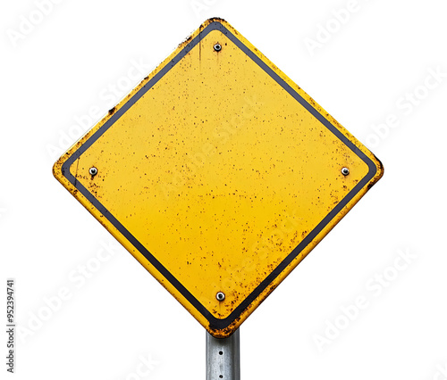 An empty diamond-shaped yellow sign with a rustic appearance, perfect for illustrating caution or warning themes.