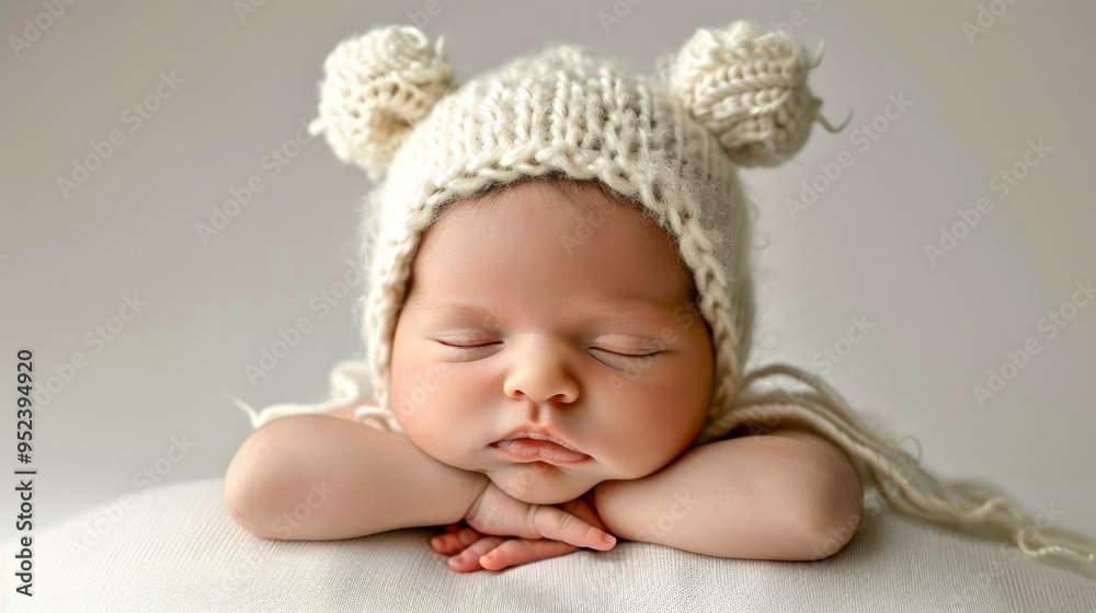 A peaceful sleeping baby wearing a cozy knitted hat. This image captures innocence and warmth. Perfect for family and parenting themes, it evokes comfort and joy. AI A peaceful sleeping baby wearing a cozy knitted hat. This image captures innocence and warmth. Perfect for family and parenting themes, it evokes comfort and joy. AI
