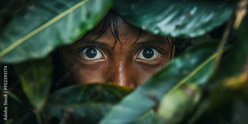 Close-up of a person's eye peering through leaves. Close-up of a person's eye peering through leaves.