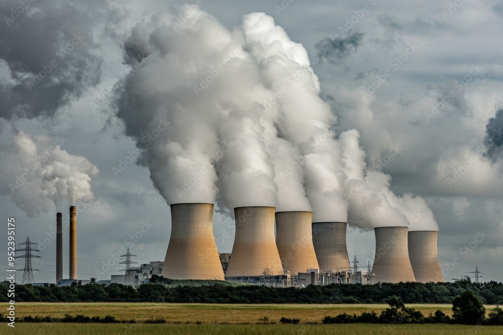 Industrial Power Plant with Cooling Towers Emitting Steam in Rural Landscape Industrial Power Plant with Cooling Towers Emitting Steam in Rural Landscape