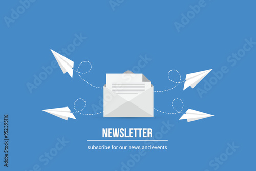 Newsletter. vector illustration of email marketing. subscription to newsletter, news, offers, promotions. a letter and envelope. subscribe, submit. send by mail.	