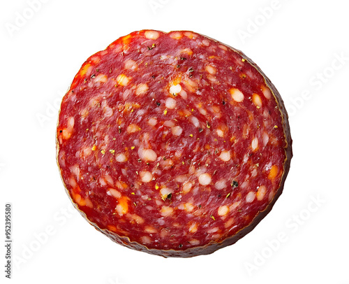 Delicious, round salami with rich flavors and a vibrant appearance, perfect for sandwiches or charcuterie boards.