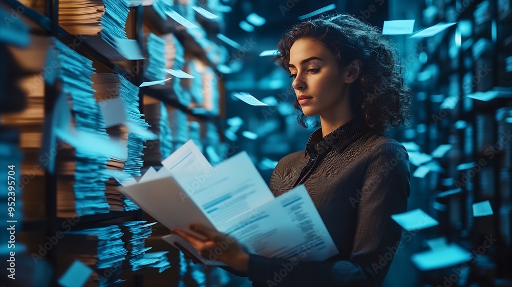 Fototapeta premium Document management concept Businesswomen check electronic documents on digital documents on virtual screen Document Management System and process automation to efficiently document pa : Generative AI