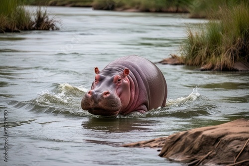 Hippopotamus Swimming in River Currents of the Wild photo