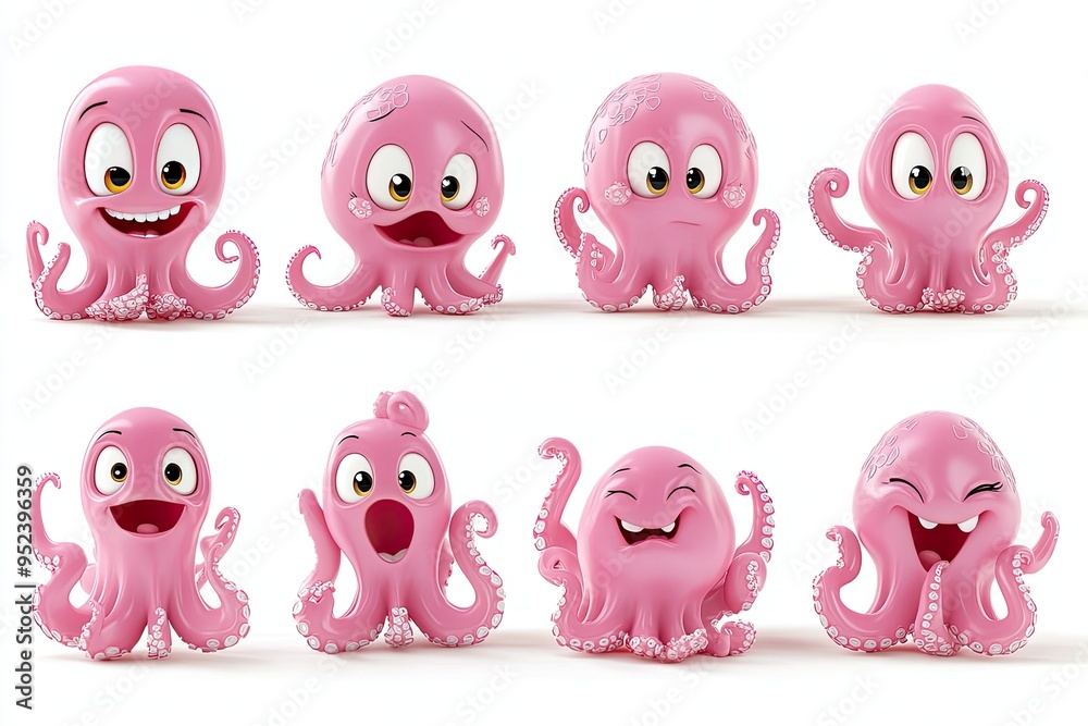 3D Pink cartoon octopuses with different expressions isolated on white background 3D Pink cartoon octopuses with different expressions isolated on white background