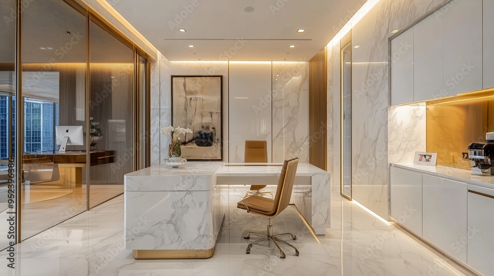 A modern office space with a white marble counter and a large mirror ...