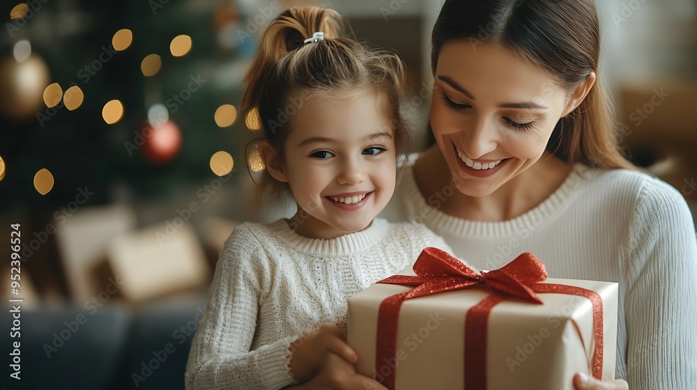 A mother and daughter sharing a joyful moment with a gift in a cozy living room exemplifying family love and togetherness : Generative AI A mother and daughter sharing a joyful moment with a gift in a cozy living room exemplifying family love and togetherness : Generative AI