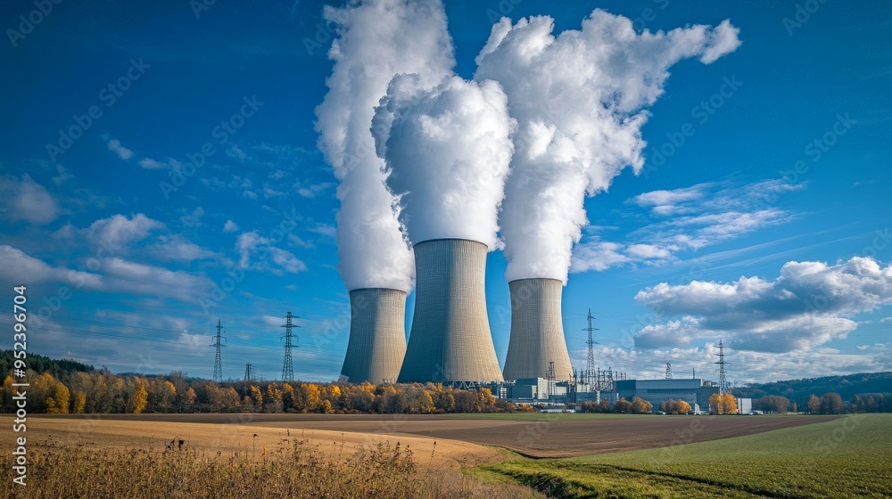 Industrial Power Plant with Cooling Towers Emitting Steam on a Clear Autumn Day Industrial Power Plant with Cooling Towers Emitting Steam on a Clear Autumn Day