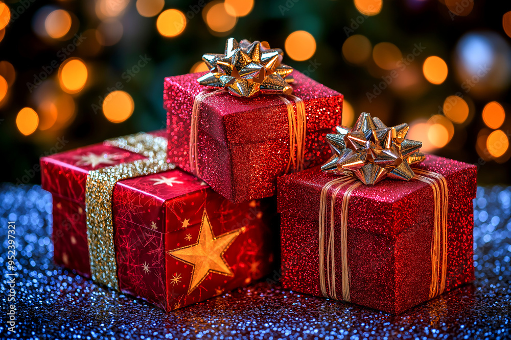 A stack of beautifully wrapped red gifts with golden ribbons, set against a sparkling festive background. A stack of beautifully wrapped red gifts with golden ribbons, set against a sparkling festive background.