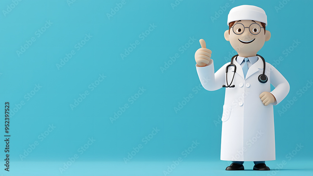 A cartoon doctor wearing a white coat with a stethoscope is standing and showing a thumbs-up gesture, against blue background.Health care,medical and science concept. A cartoon doctor wearing a white coat with a stethoscope is standing and showing a thumbs-up gesture, against blue background.Health care,medical and science concept.