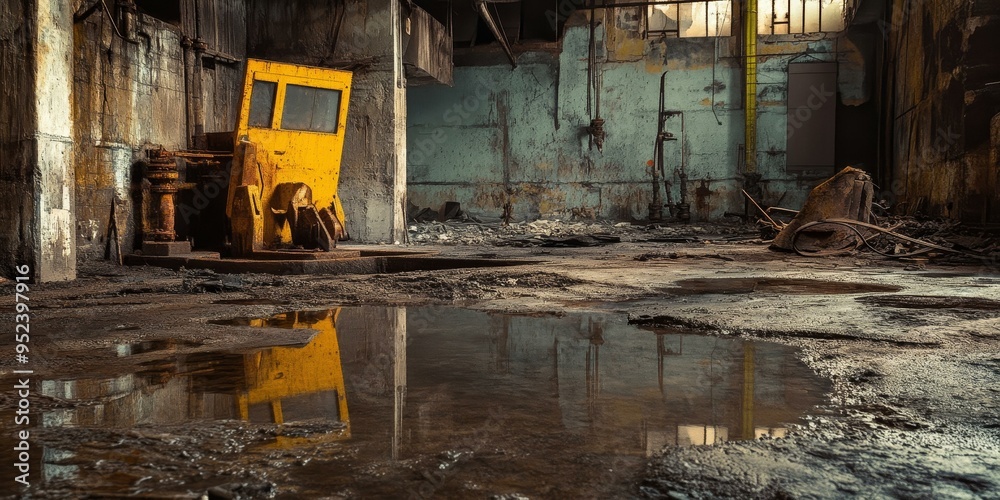 A puddle reflects the interior of an abandoned factory. A puddle reflects the interior of an abandoned factory.