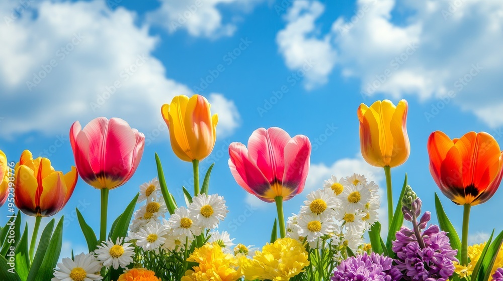 Colorful Spring Flowers Against Blue Sky with White Clouds Colorful Spring Flowers Against Blue Sky with White Clouds