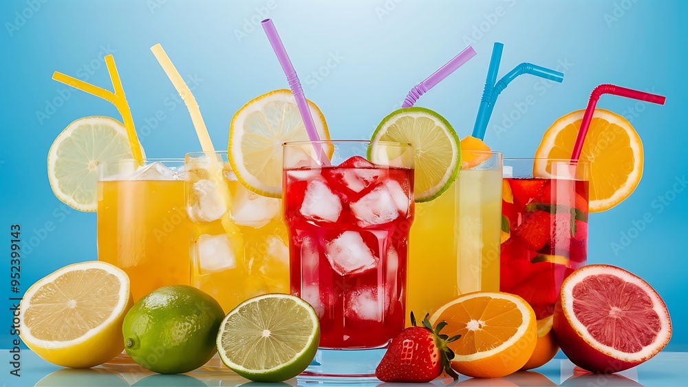 Summer drinks in glasses with cubes of ice and straws, and slices of fruits on blue background Summer drinks in glasses with cubes of ice and straws, and slices of fruits on blue background