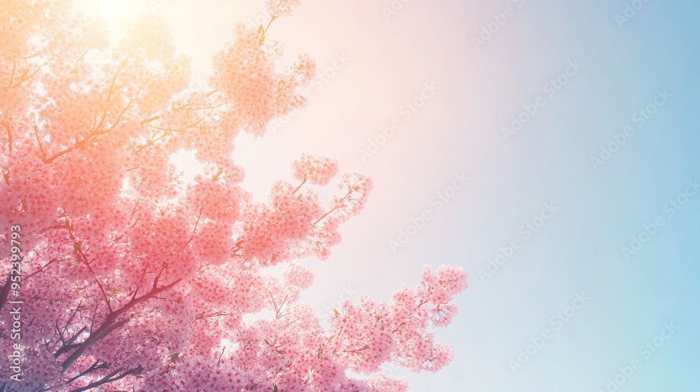 Pink Cherry Blossoms Blooming in Spring Sunlight Pink Cherry Blossoms Blooming in Spring Sunlight