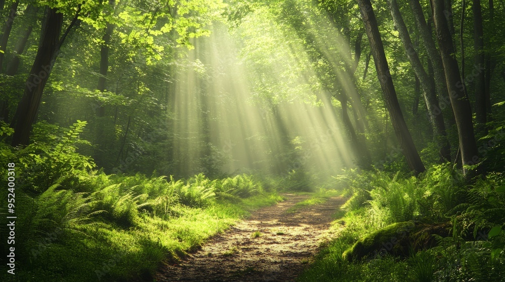 Obraz premium Sunbeams Through Forest Path with Ferns and Trees
