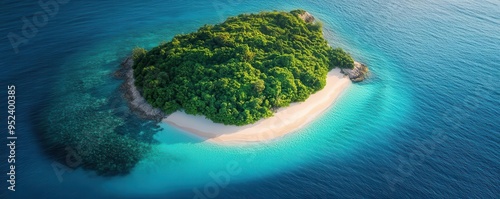 Aerial view of a tropical island with crystal clear waters and sandy beaches
