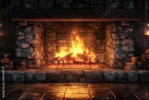 Cozy fireplace setting, roaring fire, comfortable seating, warm tones