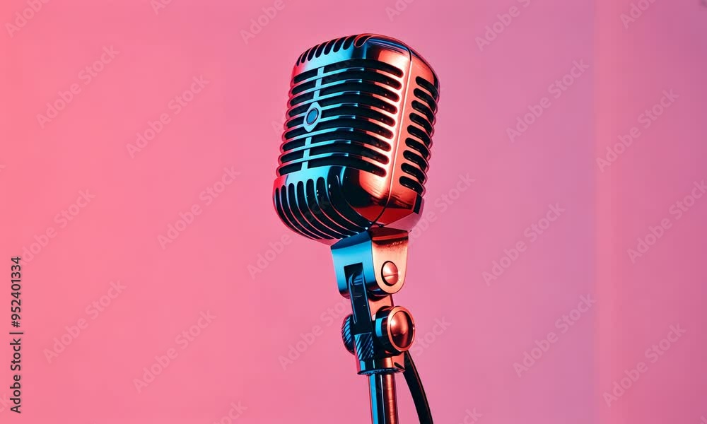 Vintage microphone against pink background, suggesting musical or broadcasting theme