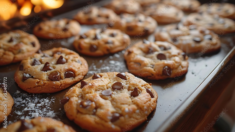 Freshly baked chocolate chip cookies on a baking sheet, dusted with powdered sugar. Freshly baked chocolate chip cookies on a baking sheet, dusted with powdered sugar.