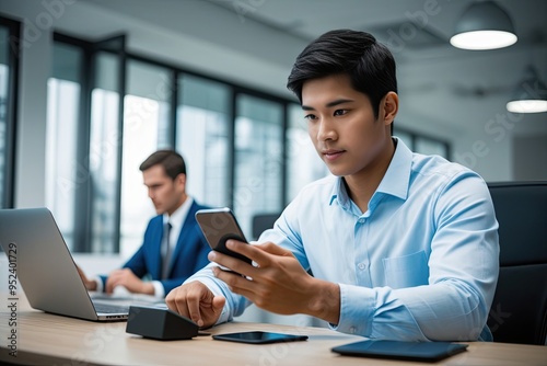 Young Professional Using Smartphone in Modern Business Setting