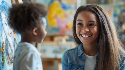 Friendly young artistic class teacher helping pupil girl with drawing on canvas discussing picture with African artist kid smiling laughing Group of children learning painting in artis : Generative AI