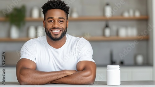 Smiling Black Man Sitting at Table with White Pill Bottle