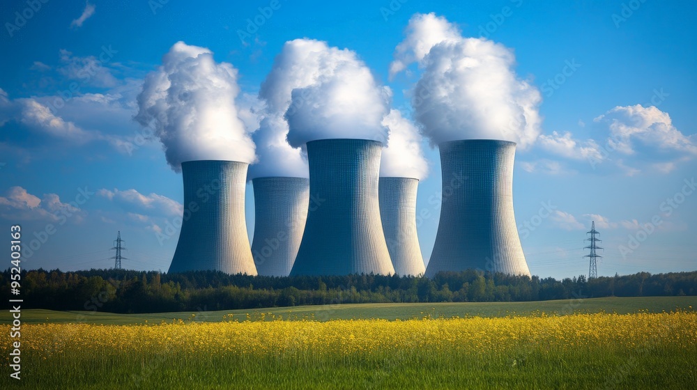 Nuclear Power Plant with Cooling Towers Emitting Steam in Sunny Countryside Landscape Nuclear Power Plant with Cooling Towers Emitting Steam in Sunny Countryside Landscape